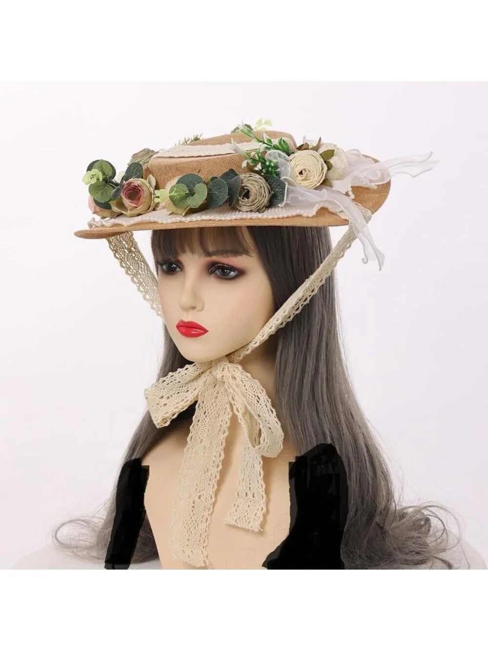 Elegant Victorian Tea Party Sun Hat with Bows & Florals - Flat Straw Style